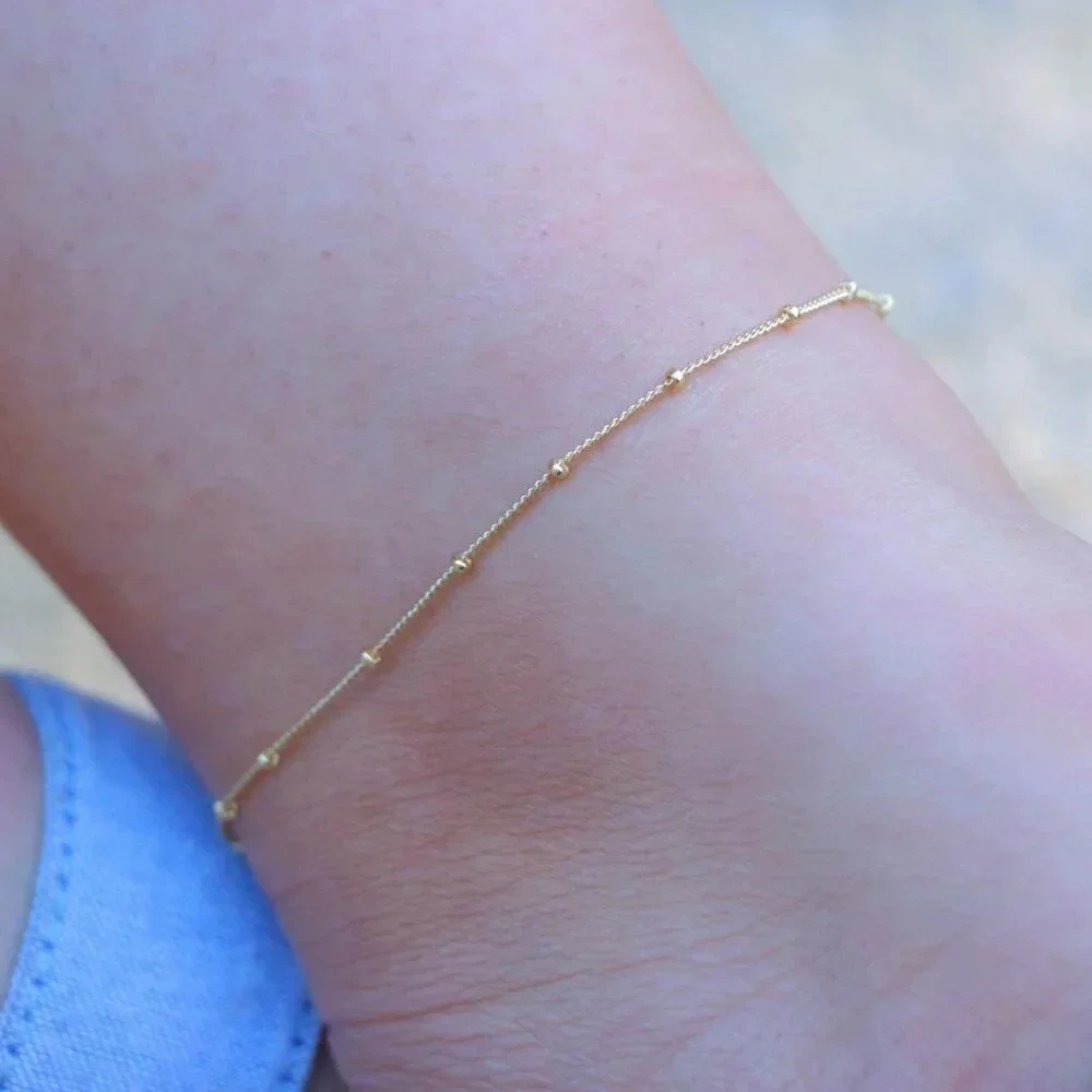 💛GORGEOUS ROUNDED BEADS ANKLET ESSENTIAL CHAIN SOLID GOLD BRACELET, ELDM22337